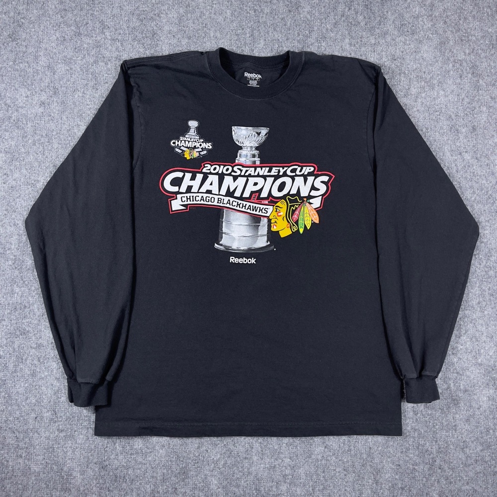Chicago Blackhawks Reebok T-Shirt Mens Large Black 2010 Stanley Cup Champions